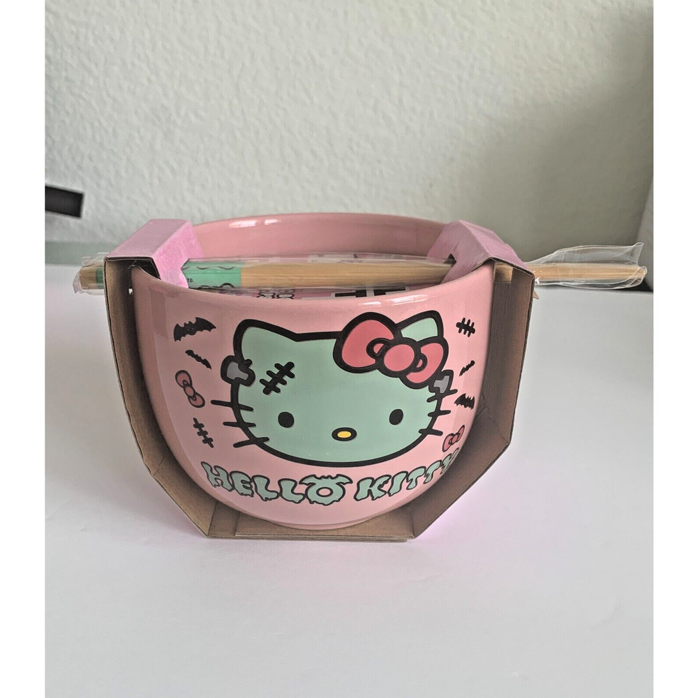 Hello Kitty Frankenstein Ramen Ceramic Bowl With Chopsticks Pink Green Halloween
